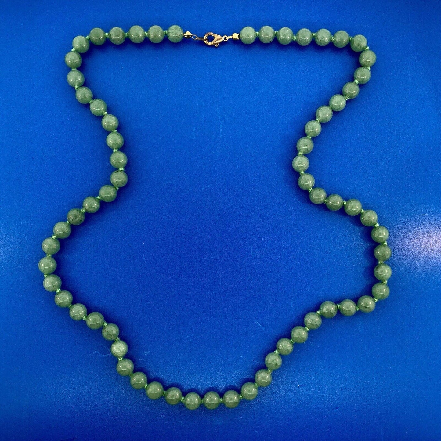 Vintage Gold Tone Hand Knotted Green Jade Jadeite Large Bead Necklace