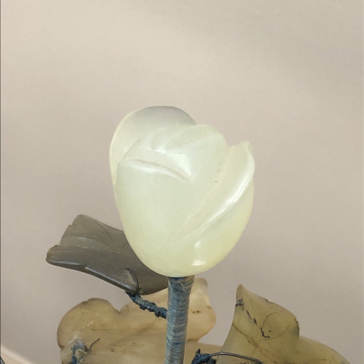 Vintage Green Jade Rose Agate Carnelian Carved Flowering Magnolia Branch Tree