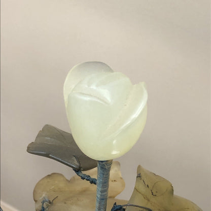 Vintage Green Jade Rose Agate Carnelian Carved Flowering Magnolia Branch Tree