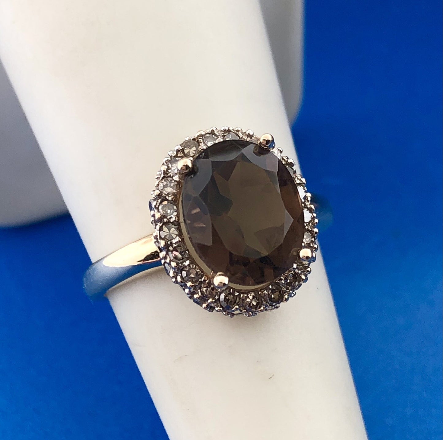 Retro Designer 14K Yellow Gold Oval Smoky Quartz Diamond Halo Cocktail Ring