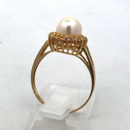 Designer 14K Yellow Gold Pearl Solitaire Diamond Halo Anniversary Cocktail Ring