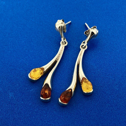 Stunning Sterling Silver 925 Teardrop Red Yellow Amber Dripping Dangle Earrings