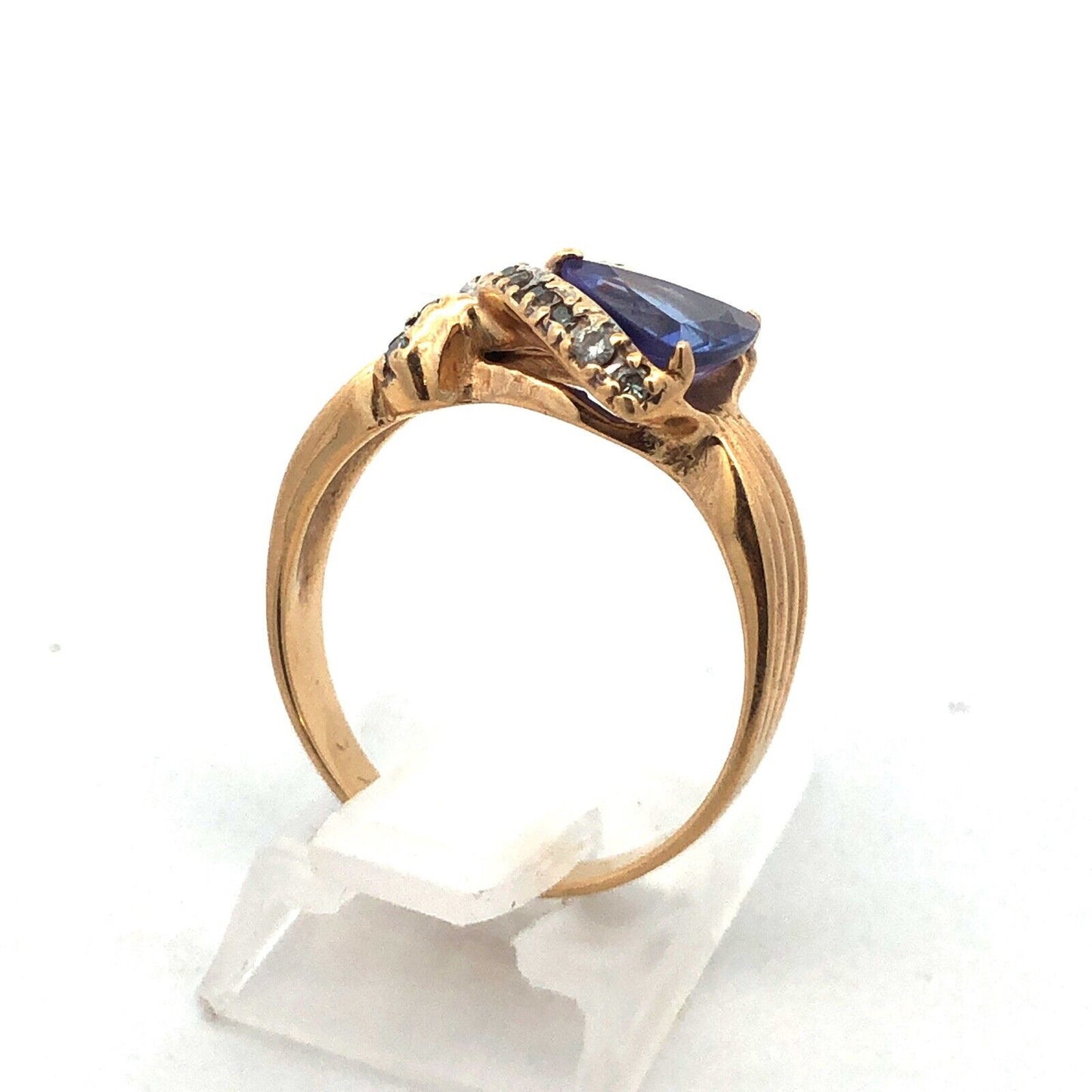 Custom 14k Yellow Gold Trillion Tanzanite Diamond X Ribbon Halo Size 7.25 Ring