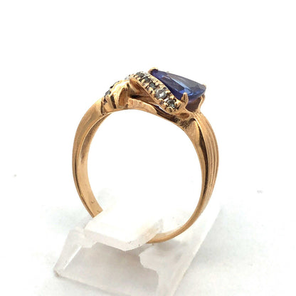Custom 14k Yellow Gold Trillion Tanzanite Diamond X Ribbon Halo Size 7.25 Ring