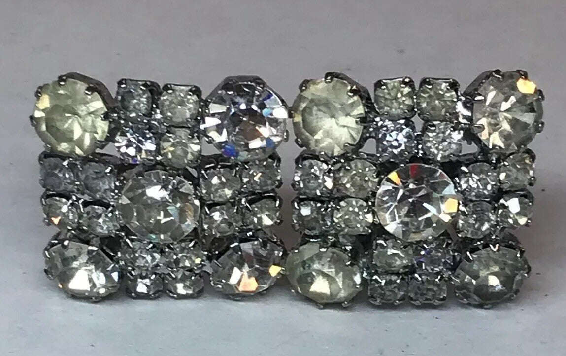 Vintage Signed Weiss Paste Rhinestone Square Shaped Silver Tone Clip Earrings