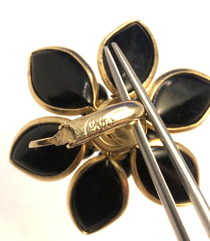 Designer Coro Gold-Tone Black Enamel Flower Statement Clip-on Stud Earrings