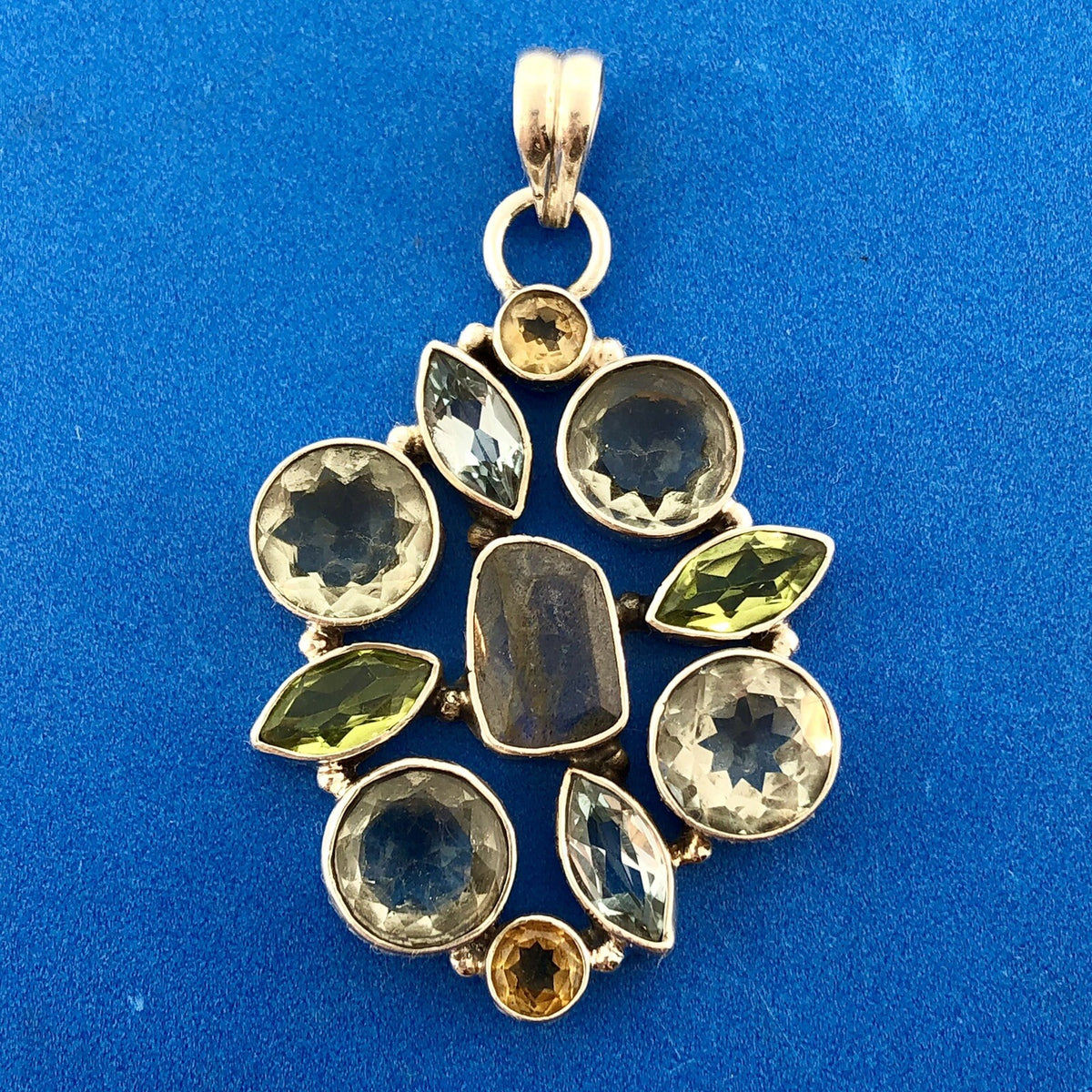 Retro 925 Sterling Silver Multi Colored Shaped Gemstone Oval Statement Pendant