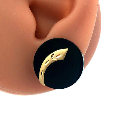 Retro 10K Yellow Gold Leaf Etched Black Resin Modernist Statement Stud Earrings