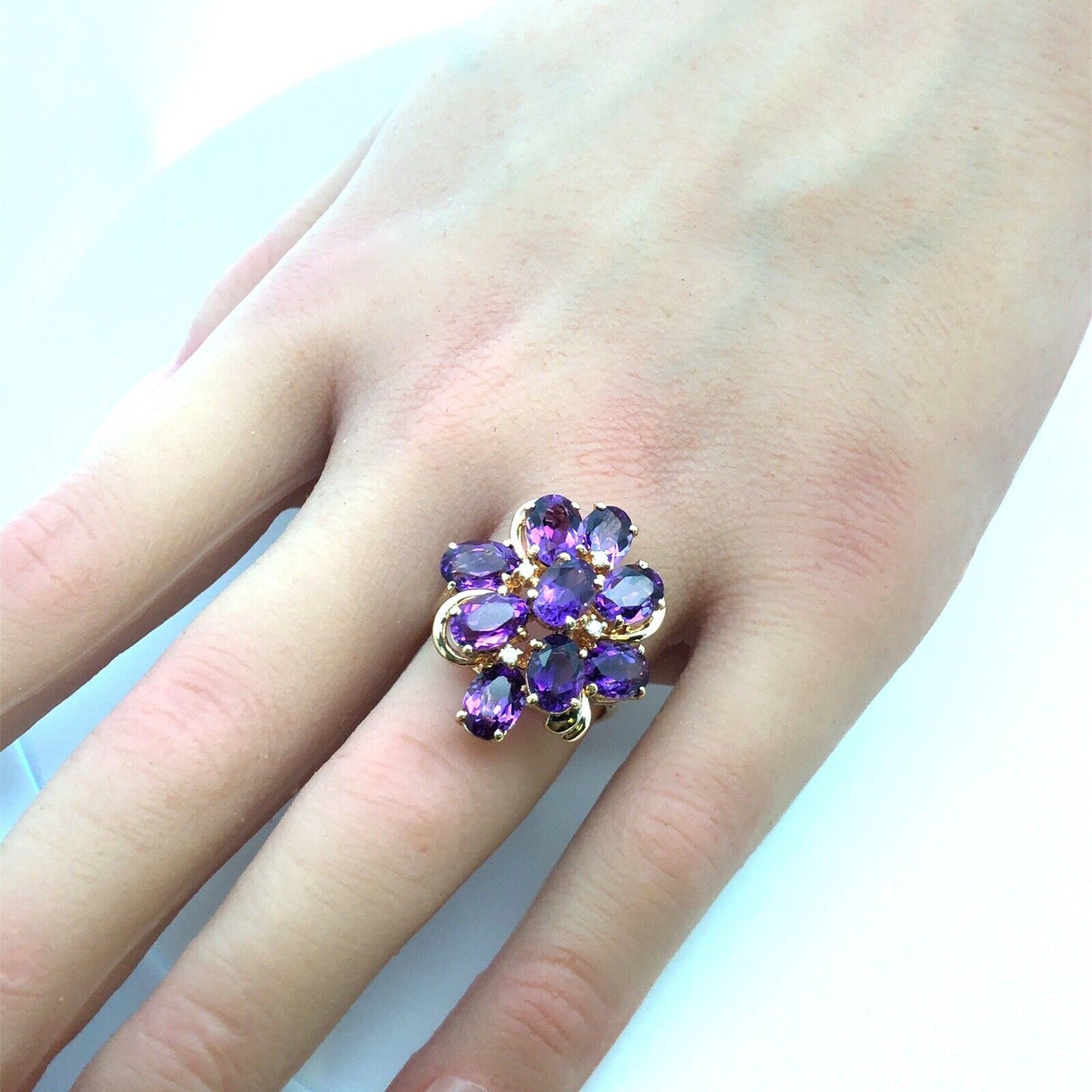 Designer 14K Yellow Gold Lab Created Oval Amethyst Diamond Cluster Cocktail Ring