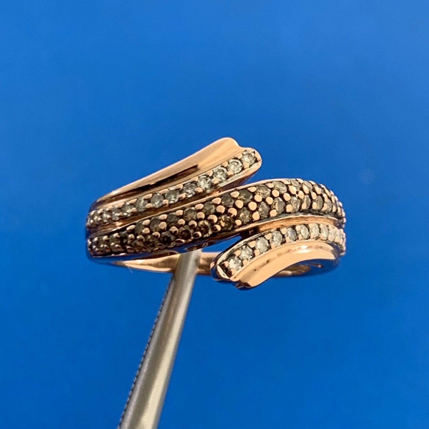 Designer 10K Rose Gold White & Mocha Round Diamond Bypass Cocktail Band Ring