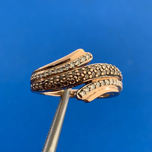 Designer 10K Rose Gold White & Mocha Round Diamond Bypass Cocktail Band Ring