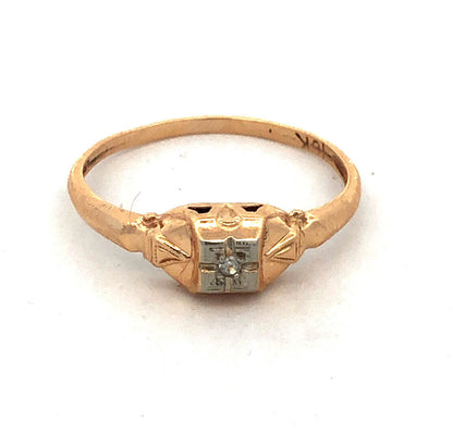 Vintage 10K Yellow Gold Round Diamond Solitaire Square Top Engagement Ring