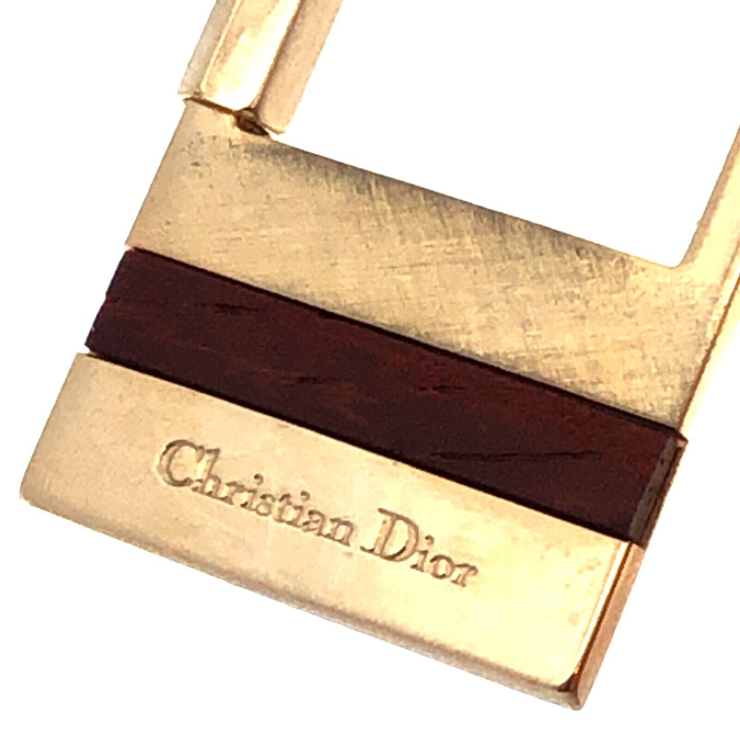 Christian Dior Gold Tone Genuine Rose Wood Rectangle Original Box Key Ring