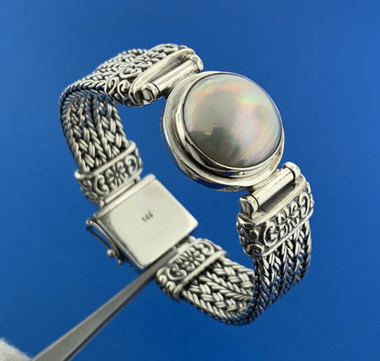Designer Sterling Silver Mabe Pearl Cabochon Balinese Style Statement Bracelet