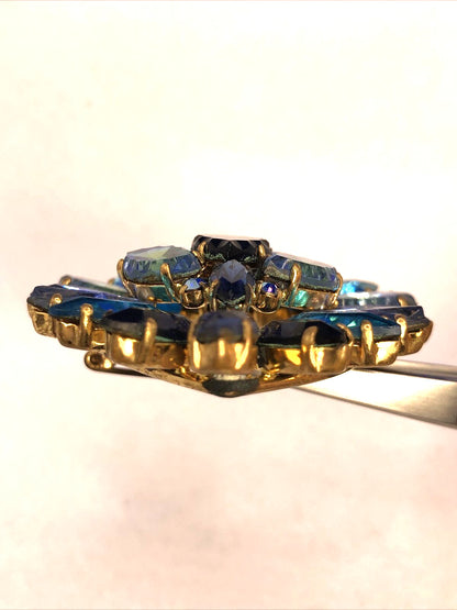 Vintage West Germany Blue Rhinestone Gold Tone Statement Earrings & Brooch Set