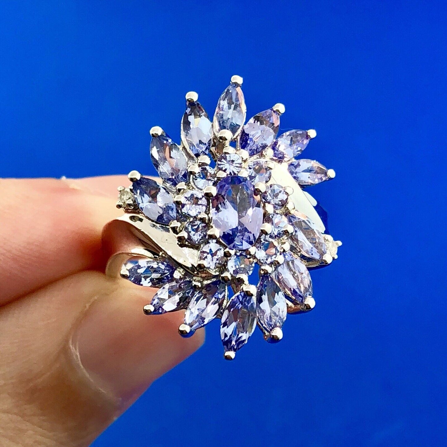 Stunning Designer JS 925 Sterling Silver Tanzanite Diamond Floral Cluster Ring