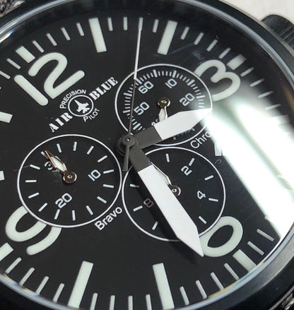 Air Blue Bravo Precision Pilot Mens Watch Chronograph Black Leather Strap In Box