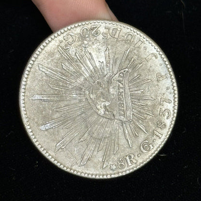 1837 Go Guanajuato Mexico 8 Reales P.J. Cap & Rays Libertad .903 Silver Coin
