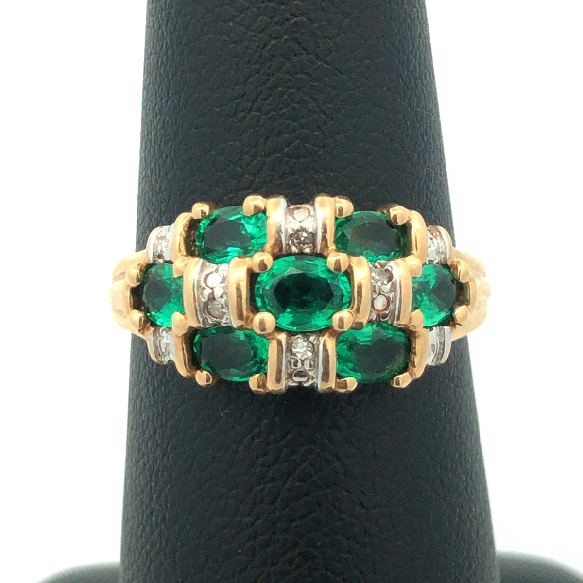 Designer 14K Yellow Gold Oval Emerald Diamond Accented Dome Cocktail Ring