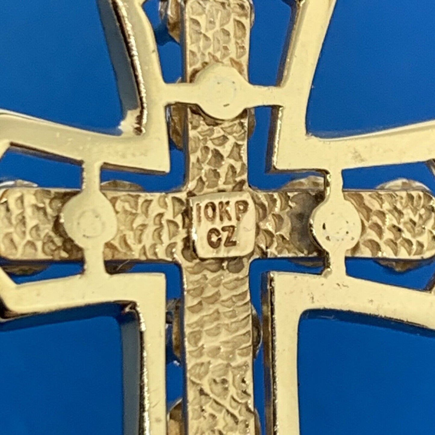 Designer 10K Yellow Gold Cubic Zirconia CZ Black Enamel Statement Cross Pendant