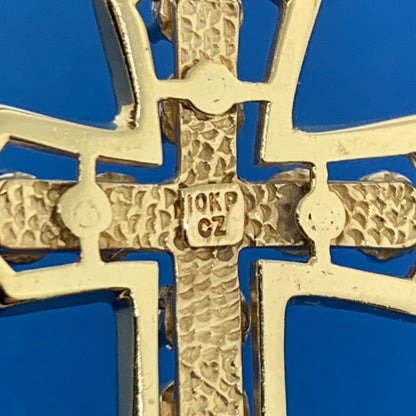 Designer 10K Yellow Gold Cubic Zirconia CZ Black Enamel Statement Cross Pendant
