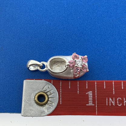 Silver Toned Round Pink White Sparkling CZ Child's Floral Shoe Dangle Pendant