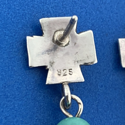 Adorable 925 Sterling Silver Turquoise Bead Cross Dangle Stud Earrings