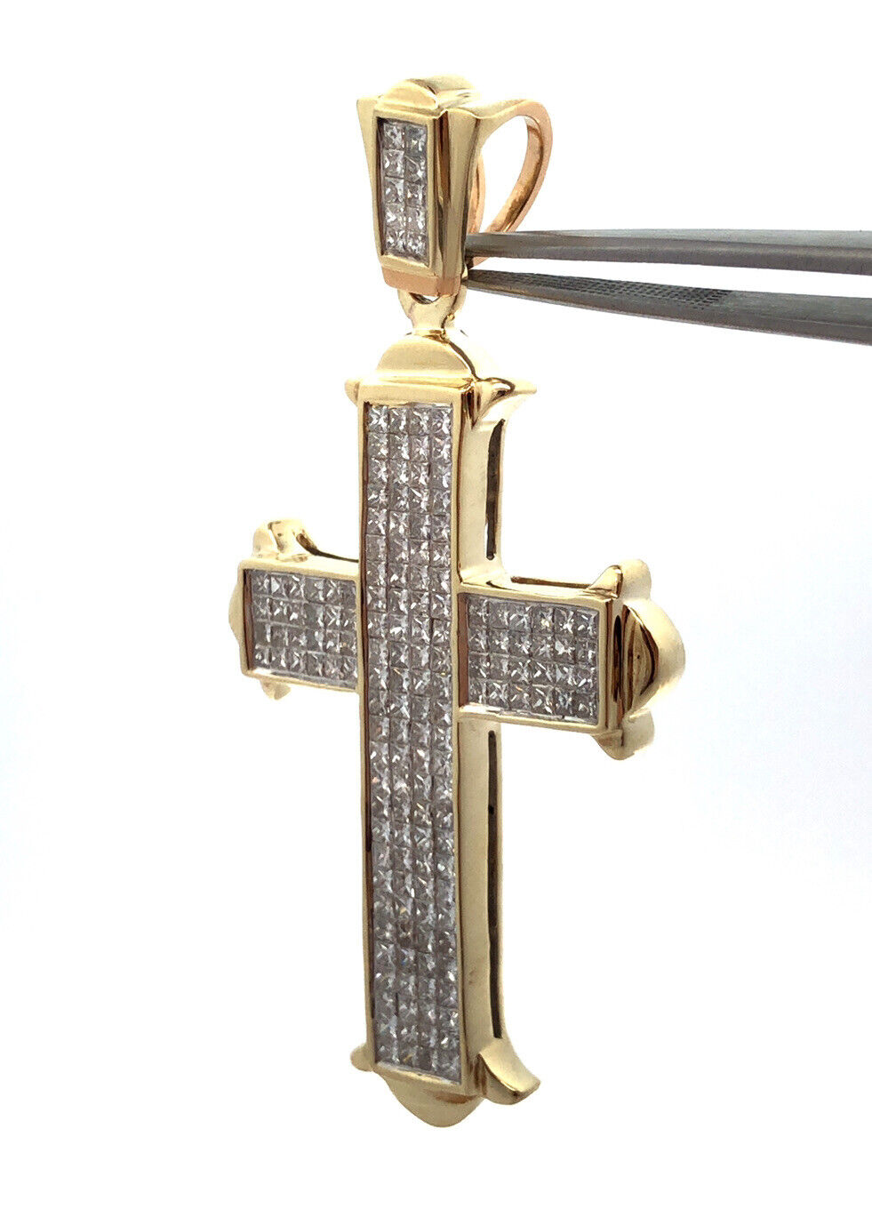 Custom 14K Yellow Gold Princess Diamond Statement Religious Cross Pendant