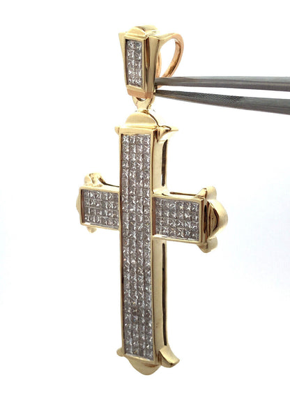 Custom 14K Yellow Gold Princess Diamond Statement Religious Cross Pendant