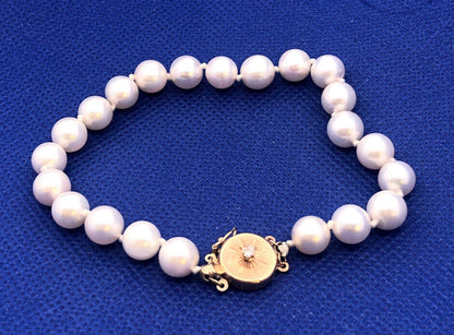 Designer 14K Yellow Gold Round White Pearl Beaded Diamond Bracelet