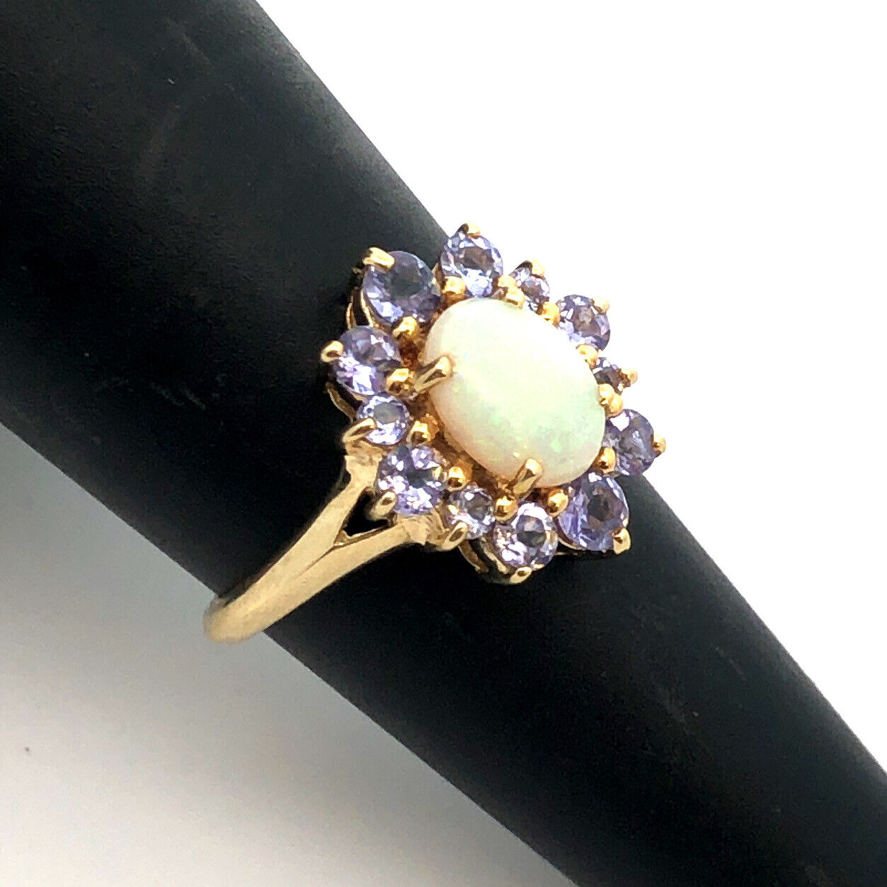 Designer 14K Yellow Gold Oval Opal Tanzanite Halo Statement Cocktail Ring