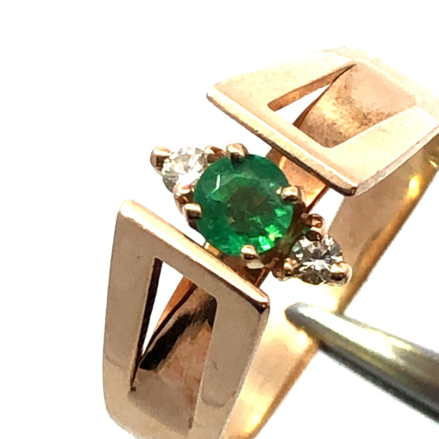 Designer 14K Yellow Gold Green Emerald Diamond Accent Modernist Ring