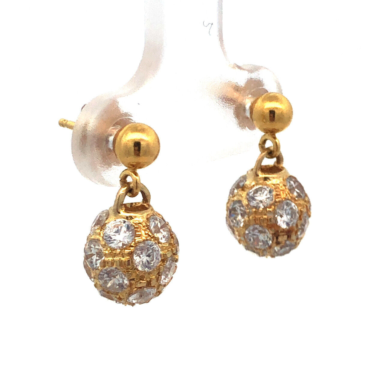 14K Yellow Gold Cubic Zirconia CZ Disco Ball Statement Drop Dangle Earrings