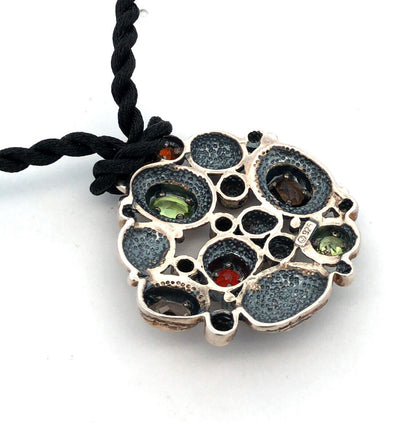 Vintage J 925 Sterling Silver Multi Gemstone Textured Pendant Silk Necklace