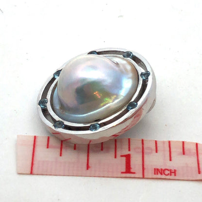 Designer 925 Sterling Silver Mabe Pearl Round Blue Topaz Statement Pendant