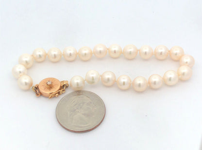 Vintage 14K Yellow Gold Diamond Accented Clasp 7.6 mm Pearl Bracelet