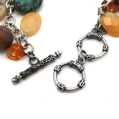 Silpada 925 Sterling Silver Multi-Gemstone Turquoise Agate Charm Chain Bracelet