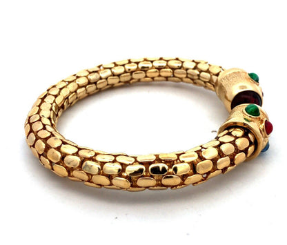 Vintage Runway Gold Tone Red Blue Green Glass Snake Skin Open Cuff Bracelet