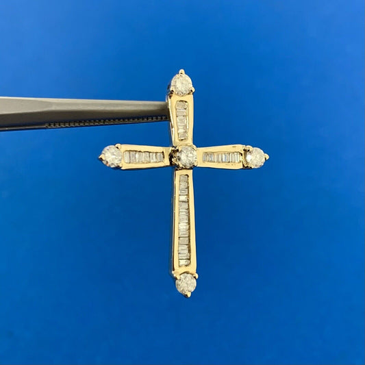 Designer 14K Yellow Gold Round And Baguette Diamond Cross Pendant