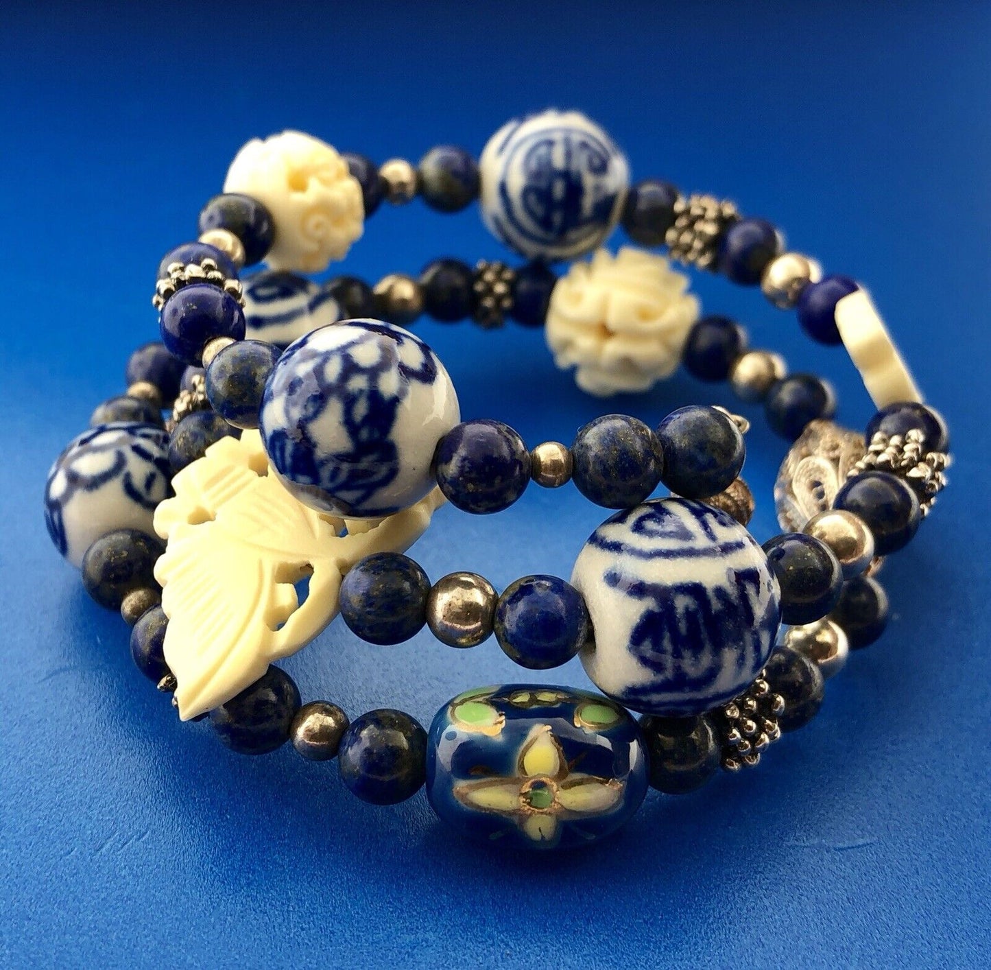 Sterling Silver 925 Lapis Ceramic Carved Cloisonne Bead Three Wrap Bracelet