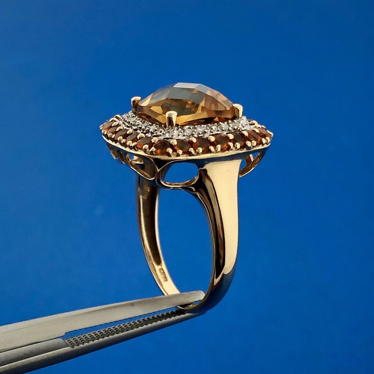 Designer 14K Yellow Gold Citrine Diamond Citrine Halo Statement Dome Ring Size 7