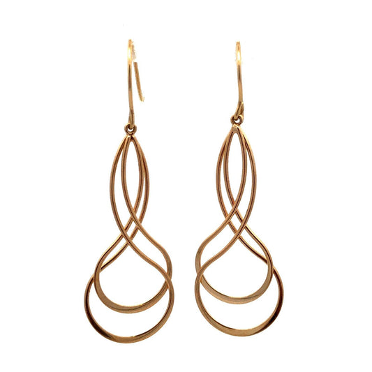 14K Yellow Gold Swirl Modernist Hook Dangle Earrings