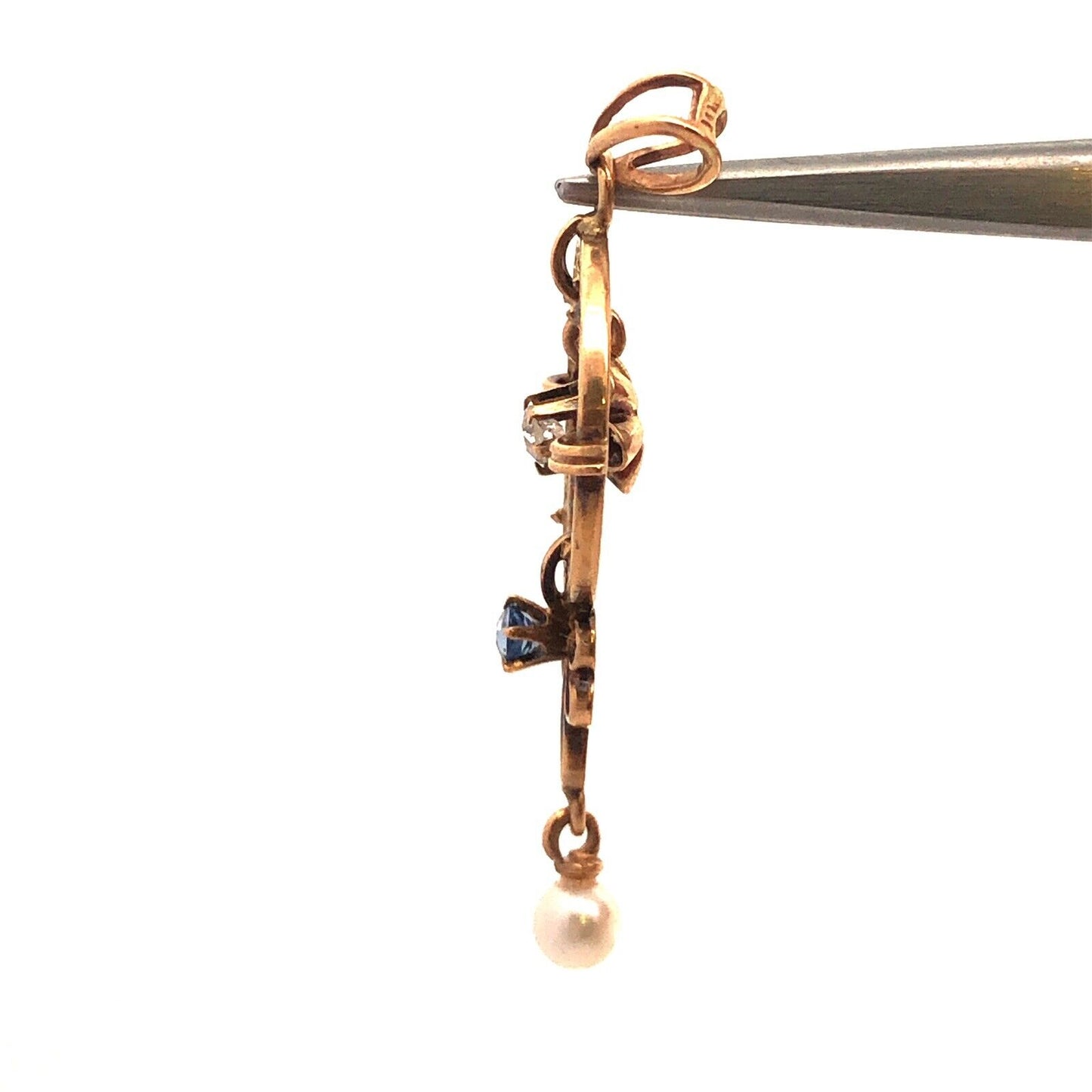 Art Nouveau 10K Yellow Gold Diamond Blue Topaz Pearl Drop Dangle Pendant