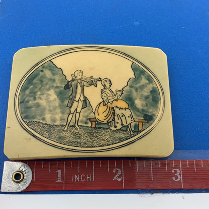 1930s France Celluloid Bakelite Painted Etched Courting Couple Belt Buckle
