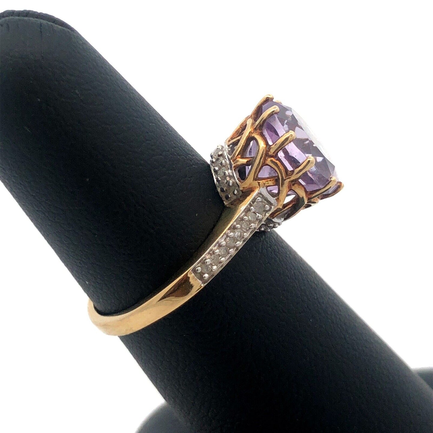 10K Yellow Gold Amethyst Cocktail Solitaire Diamond Accented Statement Ring