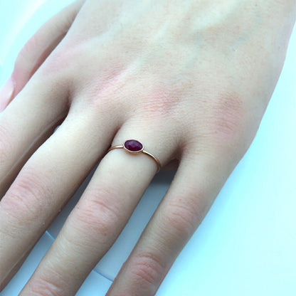 Modernist 14K Rose Gold Oval Ruby Solitaire Stackable Size 5.75 Ring
