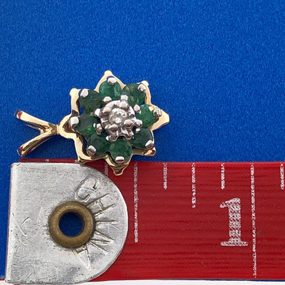 Estate 14K Yellow Gold Emerald Diamond Flower Cluster May Anniversary Pendant