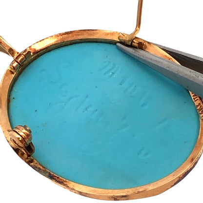 Designer Vintage 14K Yellow Gold Oval Blue Carved Cameo Brooch Pendant