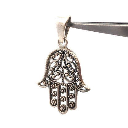 925 Sterling Silver Beaded Filigree Hamsa Good Luck Prosperity Pendant