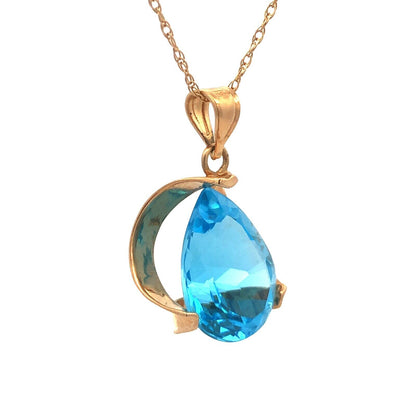 Designer 14K Yellow Gold Pear Blue Topaz Solitaire Statement Pendant Necklace